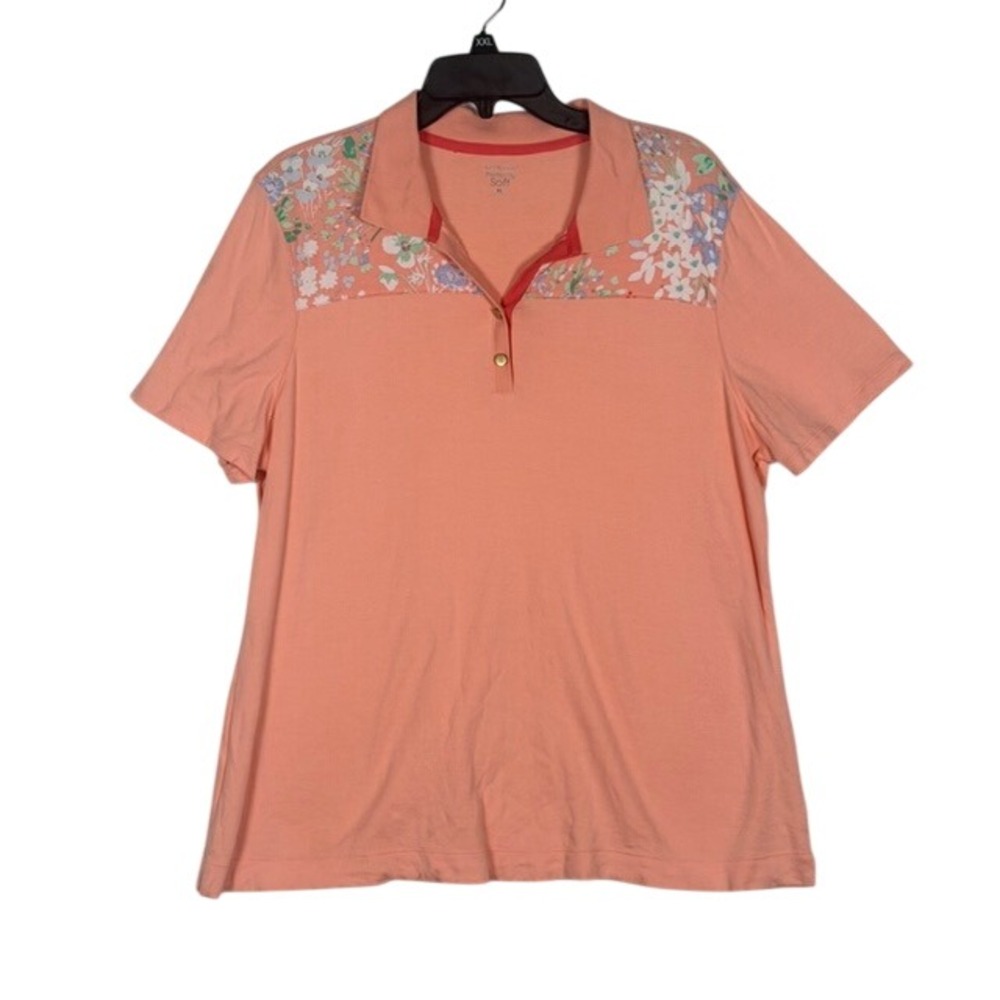 Kim Rogers Perfectly Soft Womens XL Coral Peach Floral Yoke Cotton Polo Shirt